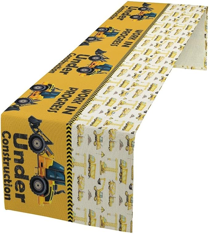 Cartoon Car Table Runner,Boys Kids Construction Vehicles Truck Yellow Print Tablecloth Burlap for Hotel Indoors Outdoor Dining Room Kitchen Home Decor,W13X L36 in