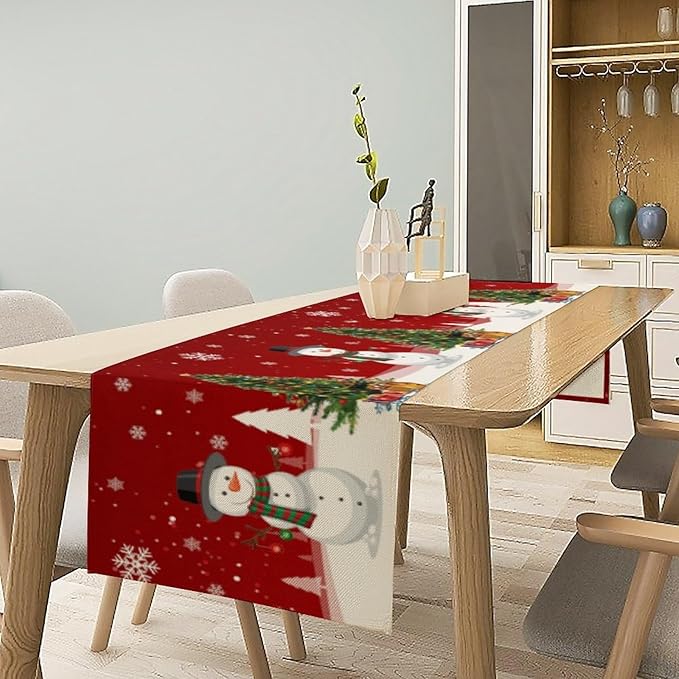 Christmas Table Runner,Snowman Rustic Red Snowflake Winter Table Cloth Kitchen Dining Table Decoration for Home Party Decor 13x90 Inch