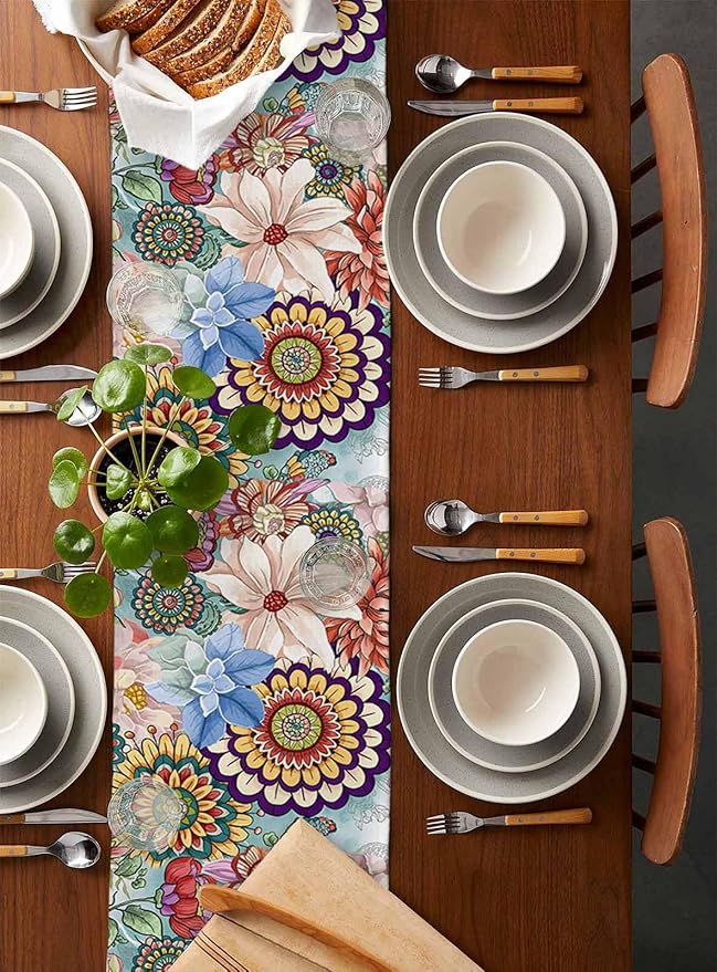Boho Flowers Cotton Linen Table Runner for Dining Kitchen, Wedding Outdoor Party Tablerunners Decoration, Colorful Floral Farm Vintage Botanical Dresser Scarf Coffee Tablecloth Runners 13x90 Inches