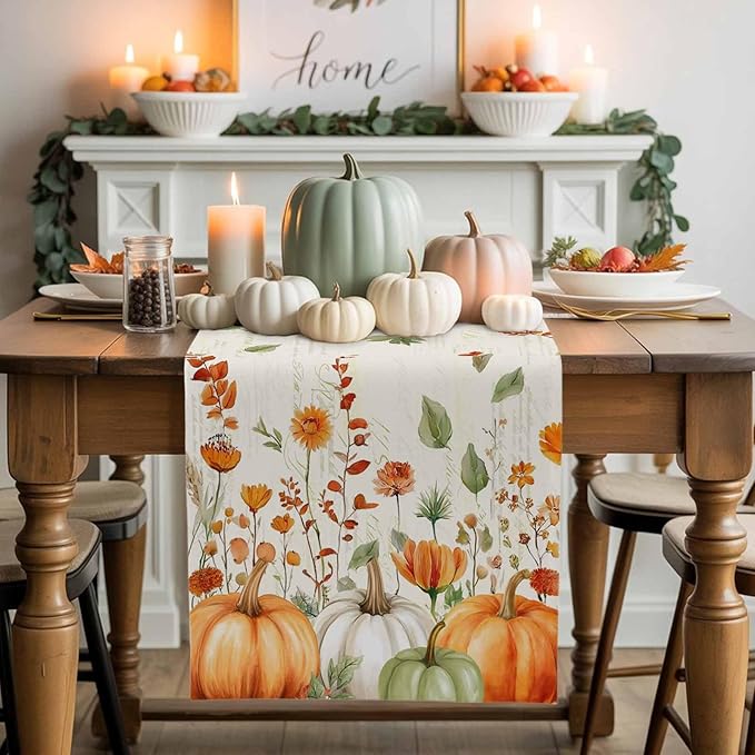 Fall Wildflowers Cotton Linen Table Runner for Dining Kitchen, Thanksgiving Pumpkin Outdoor Party Rustic Tablerunners Decoration, Botanical Floral Vintage Dresser Scarf Tablecloth Runners 13x60 Inches