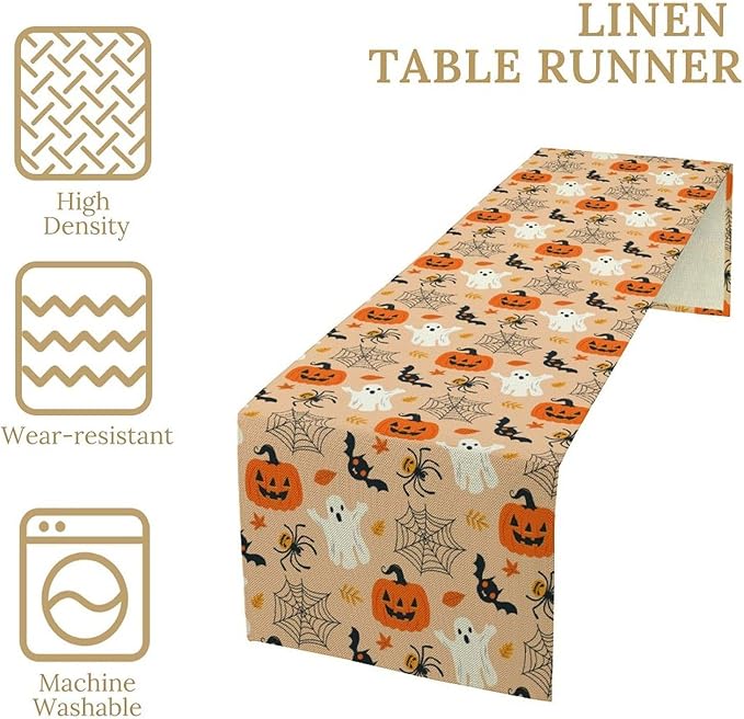 Halloween Table Runner,Cute Ghost Pumpkin Leaves Table Runner for Kitchen Dining Table Decoration Home Party Decor 13x120 Inch