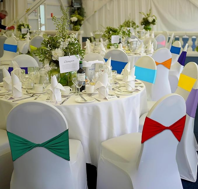 MDS Pack of 150 Spandex Chair Sashes Bows Elastic Stretch Dining Chair Bands Ties Without Slider Buckle Universal fits for Wedding Baby Shower Birthday Party Banquet Event Decoration - Orange