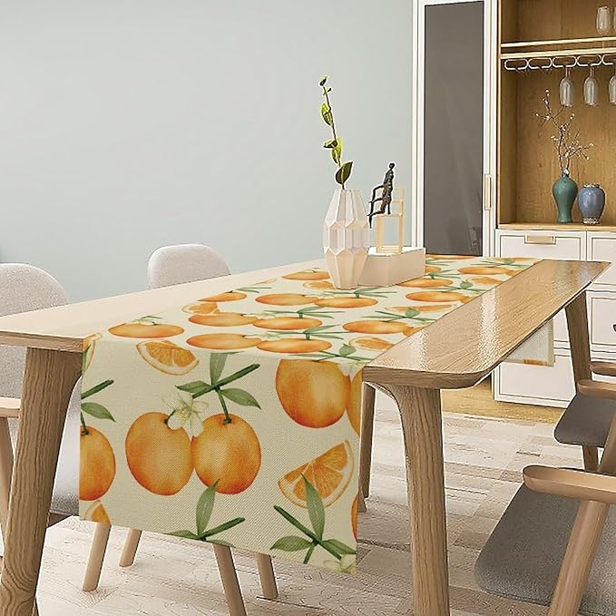 Spring Summer Orange Citrus Table Runner Watercolor Sweet Fruit Botanical Print Dinner Runner for Farmhouse Baby Shower Party Holiday Home Kitchen Dining Table Decor 13x36