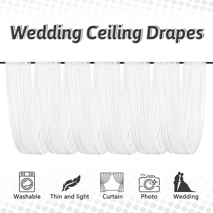 DUOBAO White Wedding Chiffon Ceiling 5x20FT Long Sheer Draping Fabric Photography Backdrops Soft Drapes Curtains for Weddings Arches Christmas Indoor Events, W 5' x L 20'-6 Panels, Snow