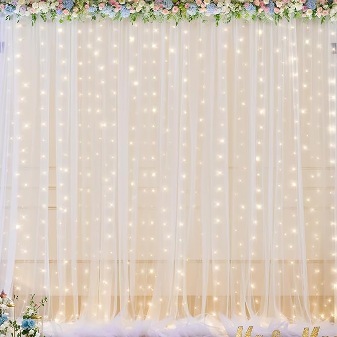 gogoparti 20x8ft White Tulle Backdrop Curtains with Lights for Party Wedding Baby Shower, Sheer Drape Backdrop Curtains for Birthday Party Photo Booth Background Decoration