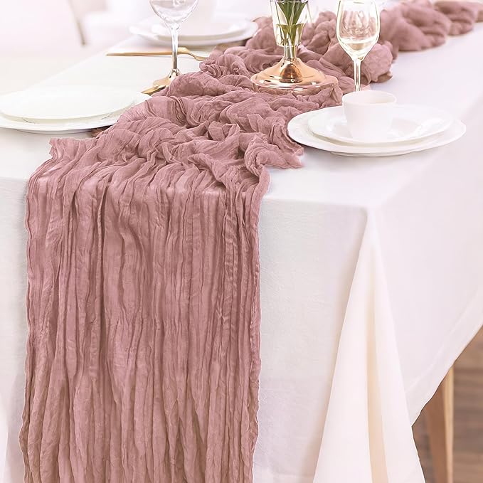 3-Pack Dusty Pink Cheesecloth Table Runners – 10FT (35x120 Inch) Boho Rustic Gauze Fabric Cheese Cloth Table Runner for Weddings, Baby Showers, Bridal Shower, Farmhouse & Birthday Party Decor