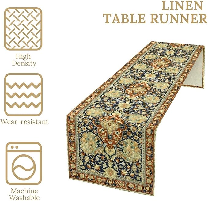 Vintage Boho Floral Table Runner, Elegant Luxurious Rustic Country Farmhouse Navy Blue Gold Retro Flower Pattern for Home Kitchen Table Decor Dining Coffee Room Party Decor 13x60in