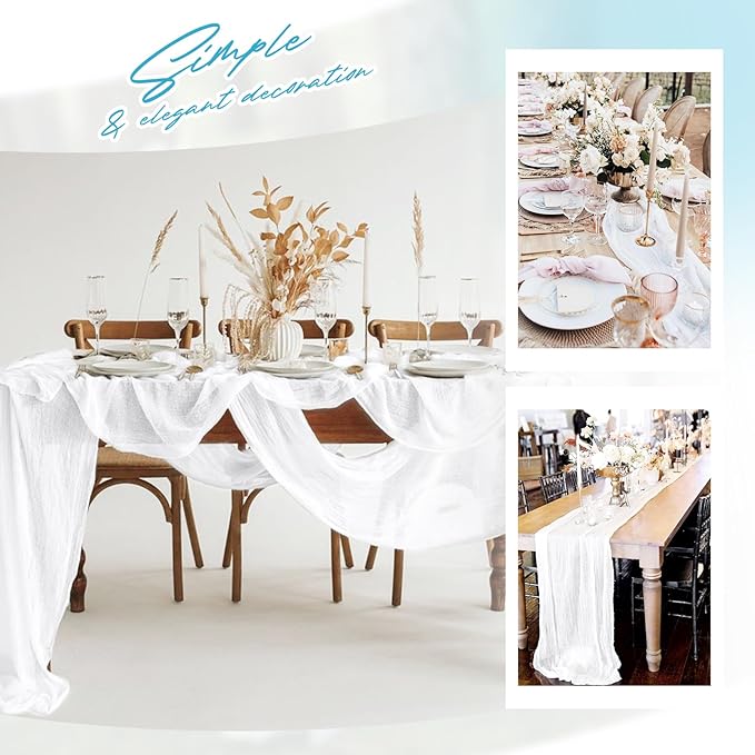 Aktor 4 Pack White Table Runner Boho Cheesecloth Table Runner Semi Sheer Gauze Fabric Runners for Wedding Birthday Baby Shower Party Boho Table Decoration（White）