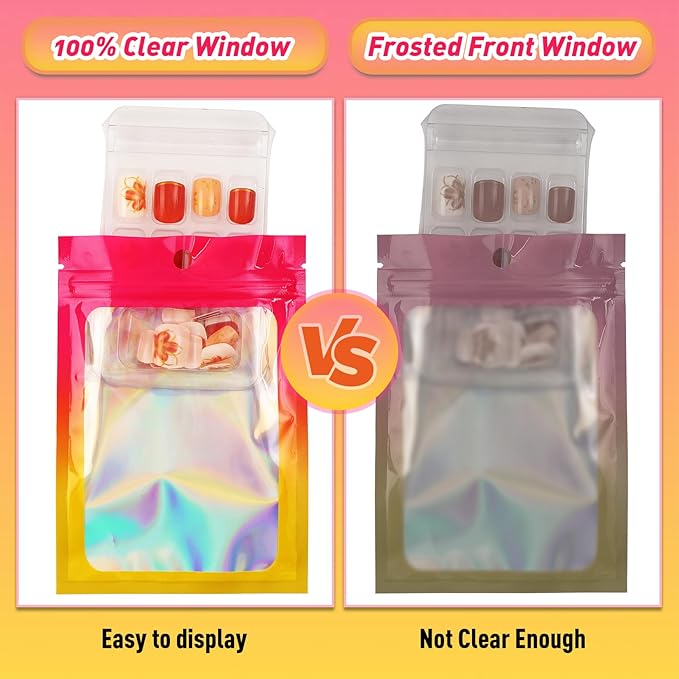 Funfery 100 Pack Gradient Holographic Bags,Resealable Bags with Zipper,Clear Window Packaging Pouchs,Foil Bag for Food Storage,Sample Jewelry Baggies(3×4.7In,Hot Pink Orange)