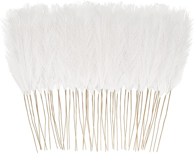 50pcs White Faux Pampas Grass Decor, 21.6" Short Artificial Pompous Grass Floral Fake Pompas Grass Branches Vase Filler Flower Arrangement for Home Wedding Boho Decor