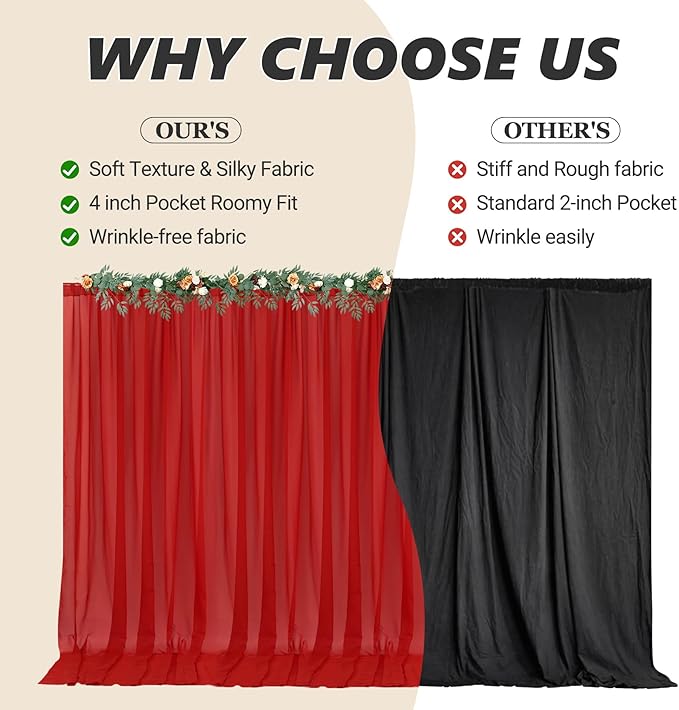 10ft x 10ft Red Backdrop Curtain Drapes, Wrinkle-Free Sheer Chiffon Fabric Photo Backdrop Panels for Wedding Arch Party Ceremony Stage Decoration