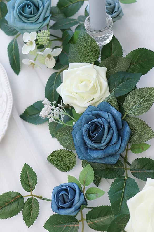 PONATIA 5FT Handcrafted Artificial Rose Flower Garland, Dusty Blue Flowers Greenery Garland for Wedding Ceremony Garlands Backdrop Arch Flowers, Ceremony Reception Table Decorations