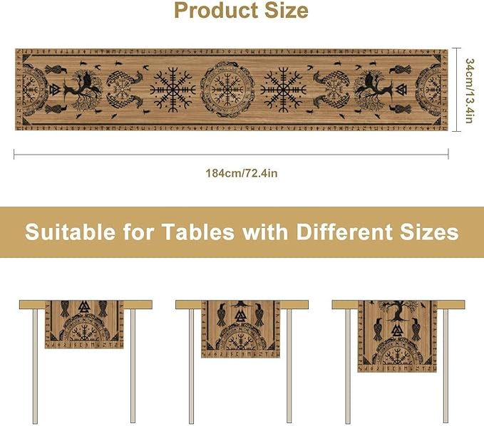 Viking Tree of Life Table Runner, Wooden Printed Eagle Dragon Boat Rudder Seasonal Kitchen Dining Table Decoration for Home Party 13x70 Inch