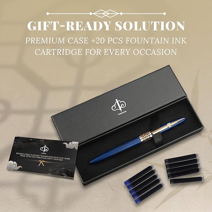 YUNCHUN Refillable Fountain Pen Fine Nib, Fancy Ink Pen with 5 Black & 5 Blue Ink Refills Cartridges, Cool Ink Pens for Writing, Business Metal, Best Gift Set for Men & Women, Blue