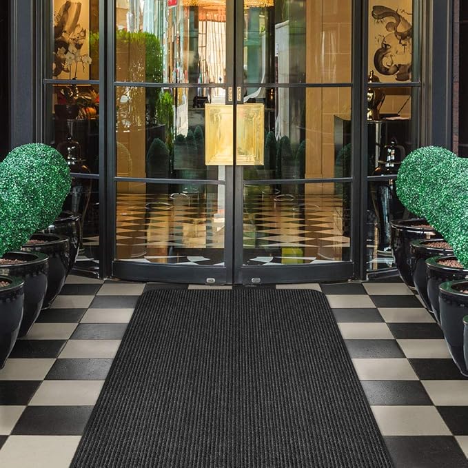House, Home and More Indoor Outdoor Double-Ribbed Carpet Runner with Skid-Resistant Rubber Backing - Smokey Black - 3 Feet x 30 Feet