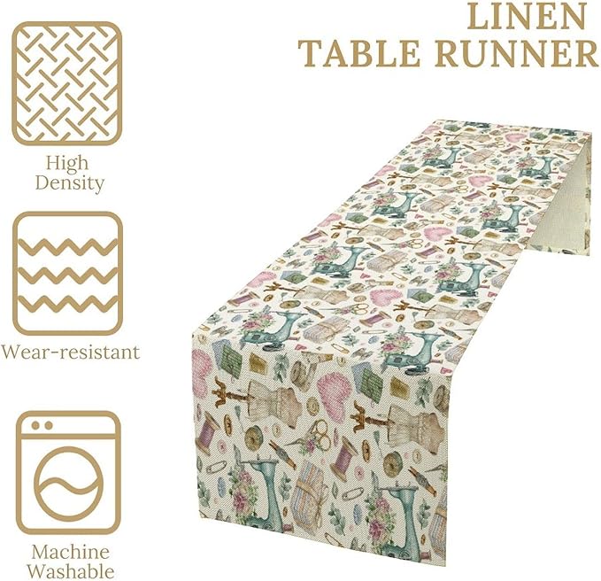 Sewing Theme Table Runner,Vintage Sewing Machine Tool Watercolor Pattern Print Tablecloth Burlap for Hotel Indoors Outdoor Dining Room Kitchen Home Decor,W13X L108 in