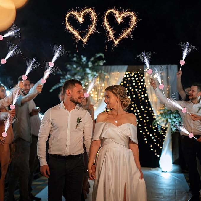 24 Pcs Wedding Sparklers Heart Shaped LED Glow Sticks Fiber Optic Wands Light up Wand with 3 Light Mode for Wedding Bridal Shower Birthday Glow in the Dark Party Supplies (Pink)