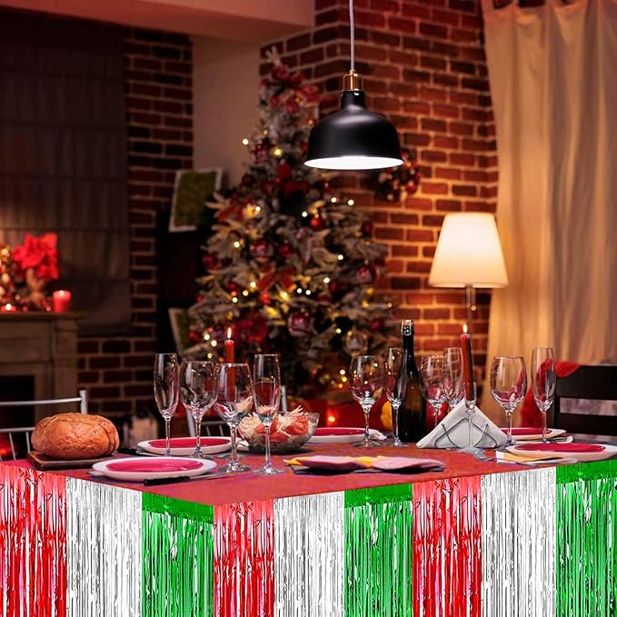 4 Pack 29x108 Inch Metallic Foil Fringe Tinsel Table Skirts for Rectangle Tables Streamer Backdrop for Wedding, Birthday, Parade Floats, Christmas, Halloween Party Decoration(Red Silver Green)