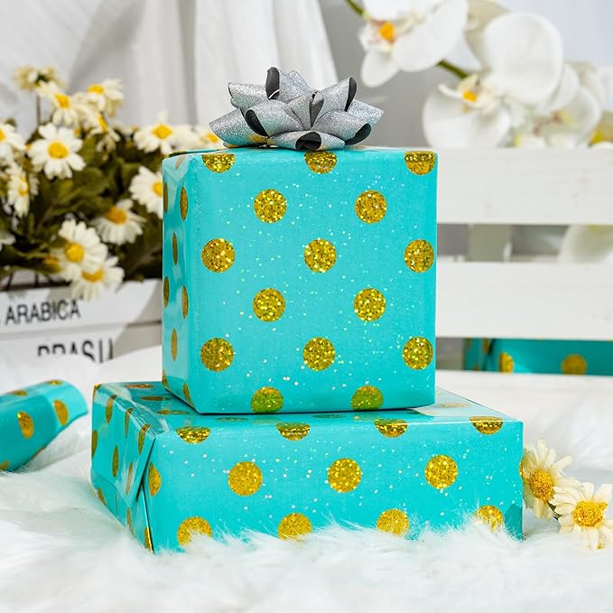 Burymento Blue Holographic Dots Wrapping Paper, Reversible Gold Gift Wrap for Birthday, Valentines, Mothers day, Graduation, Wedding, Fathers day, Baby Shower, Christmas (17in x 16.4ft)