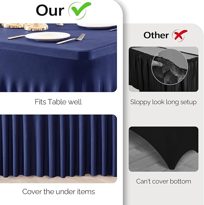 Wish Care 2 Pack Navy Blue Spandex Table Clothes for 8 Foot Rectangle Tables, 8FT Wrinkle Free Fitted Tablecloths Ruffles Design Table Cover for Party, Banquet, Wedding and Events