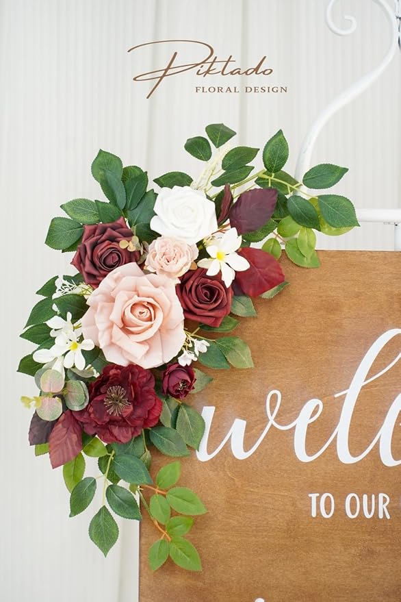 Wedding Decor (Pack of 2) Welcome Sign Flower Backdrop Garland for Ceremony Reception Wall Easel Home Decoration Entryway Faux Outdoor Board Head Table Decor (Burgundy & Dusty Rose)