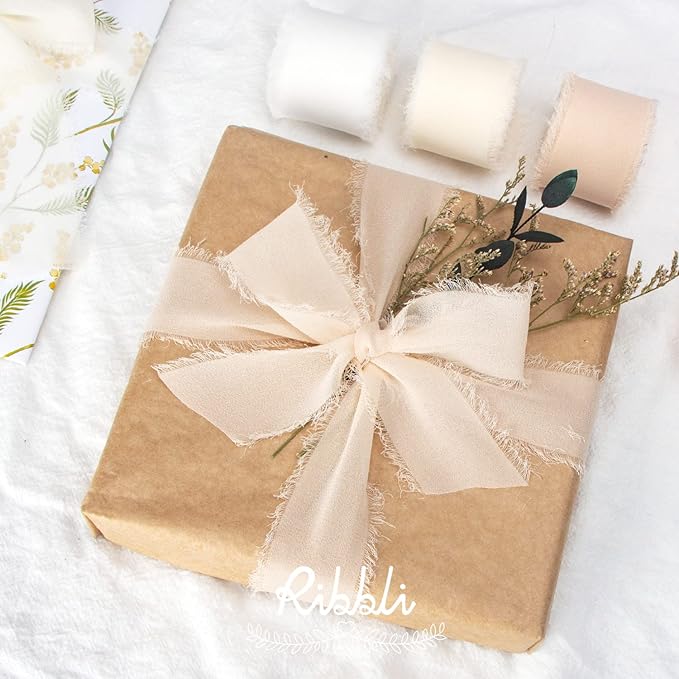 Ribbli Chiffon Ribbon - 1.5 inch x 30 Yard Handmade Silk, White/Ivory/Nude Fringe Chiffon for Wedding Invitations, Gift Wrapping, Bridal Bouquets, Flower Arrangement Decoration