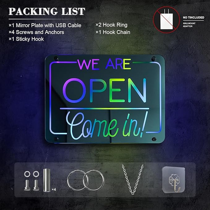 Ineonlife Open Neon Sign Come In We Are Open Mirrored Colorful LED lights for Business Decor Bright Led Light Signs Window Door Decoration Bar Shop Coffee Salon Store 14.57 x 11.02 inches USB Powerd