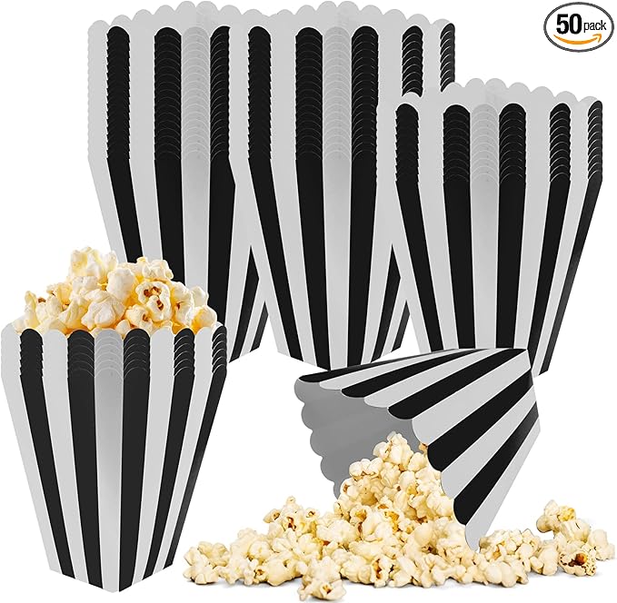 50 Pcs Popcorn Boxes Black and White Striped Cardboard Popcorn Container for Halloween Movie Nights Birthday Wedding(Black,White)