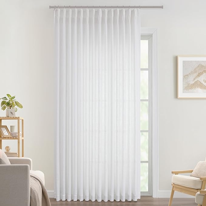 Vision Home White Pinch Pleated Semi Sheer Curtains Textured Light Filtering Window Curtains 120 inch for Living Room Bedroom Patio Rayon Blended Pinch Pleat Drapes with Hooks 1 Panel 10ft 80"Wx120"L
