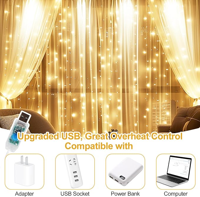 Fairy Curtain Lights Upgraded Tangle-Free Warm White USB Plug in 8 Modes String Hanging Lights with Remote for Christmas, Bedroom, Indoor, Outdoor, Weddings, Party (10FTx10FT)