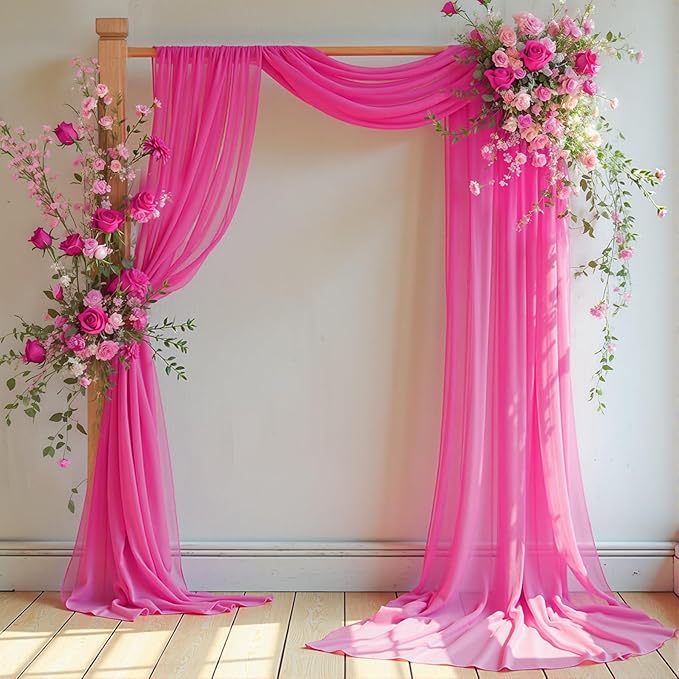 Wedding Arch Draping Fabric,1 Panel 18FT Hot Pink Sheer Chiffon Curtain Drapes 6 Yards for Wedding Ceremony Birthday Party Decoration