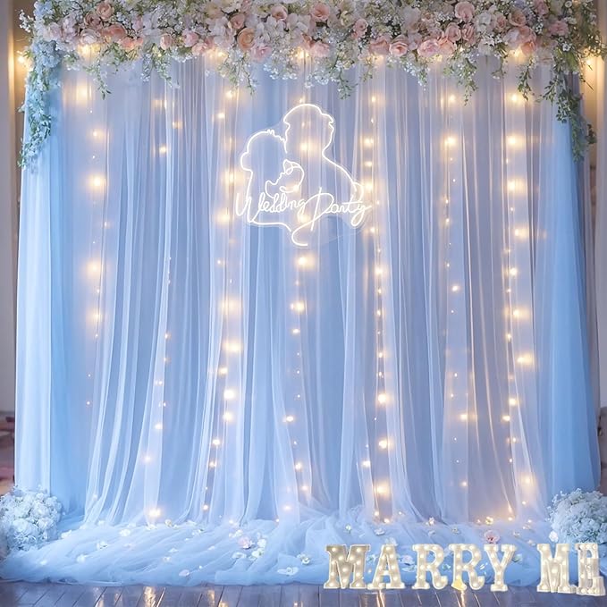 Blue Tulle Backdrop Curtains with Lights String for Parites Baby Shower 20×10ft Blue Sheer Backdrop Curtains Drapes for Bridal Shower Birthday Party Photo Shoot Background Decorations(4 Panels 5×10ft)