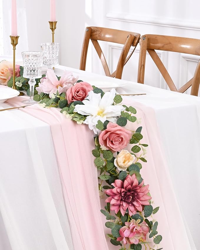 Waipfaru Flower Garland Decorations, 6.07Ft Pink Floral Rose Garland, Artificial Eucalyptus Greenery Vines with Flowers for Wedding Table Runner Centerpieces Backdrop Room Decor (Pink)