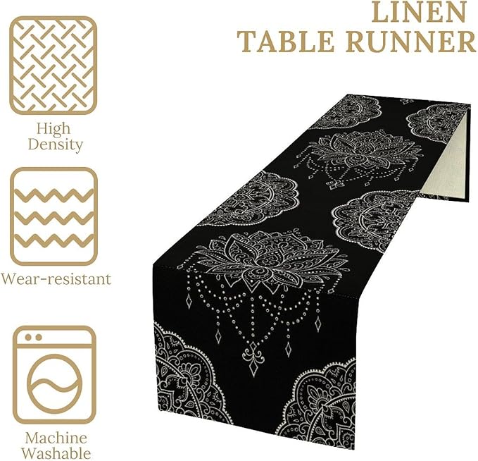 Lotus Flower Table Runner, Bohemian Ethnic Oriental Mandala Black White Floral Print Table Runner for Home Kitchen Dining Indoor Outdoor Dinner Party Decor, 13x70inch