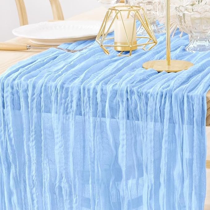 MLMW 3 Pack Light Blue Cheesecloth Table Runner Boho Gauze Rustic Cheese Cloth 160 inch Sheer Baby Blue Coastal Table Runner 13.3ft for Wedding Party Baby Bridal Shower Birthday