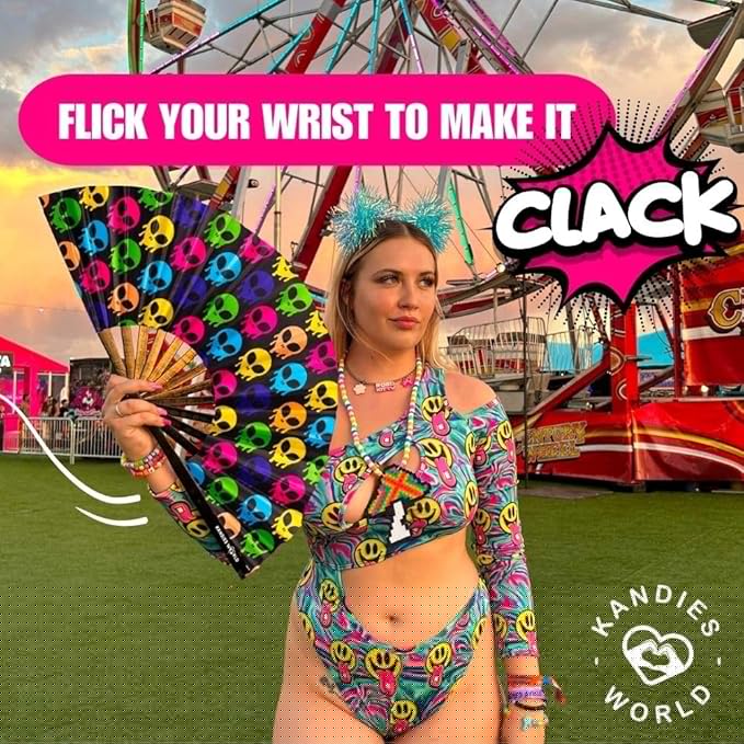 Kandies World UV Reactive Custom Festival Folding Hand Fan - Unique Designs, Made of Bamboo, Clacking Sound, Lightweight - Perfect Rave and Festival Accessory!