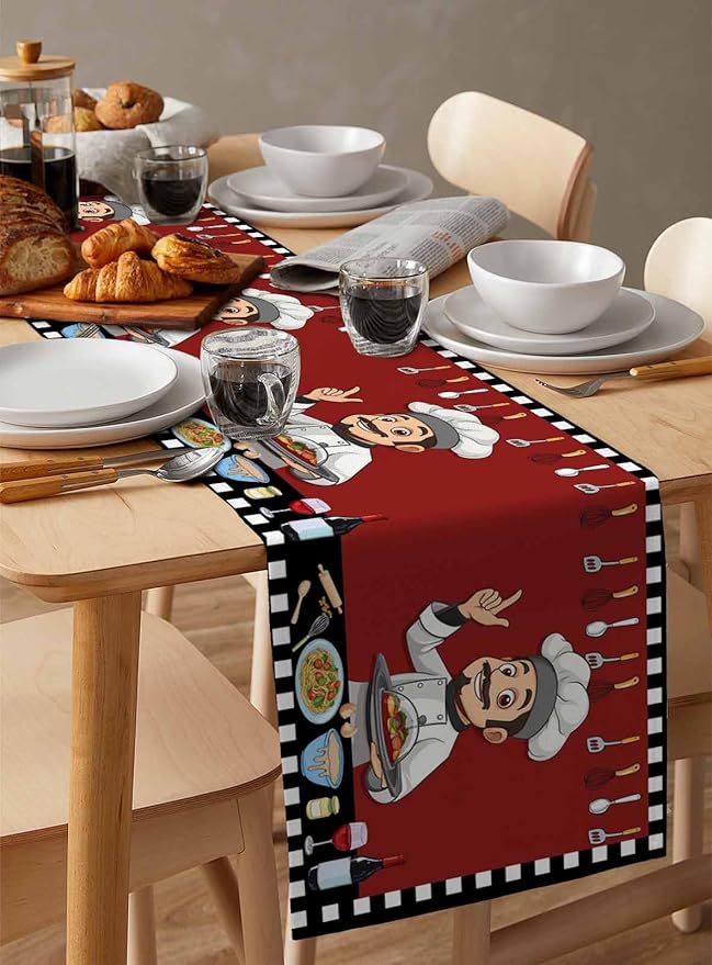 Red Chef Gourmet Cotton Linen Table Runner for Dining Kitchen, Wedding Outdoor Party Tablerunners Decoration, Black White Check Plaid Funny Kitchen Dresser Scarf Coffee Tablecloth Runners 13x72 Inches