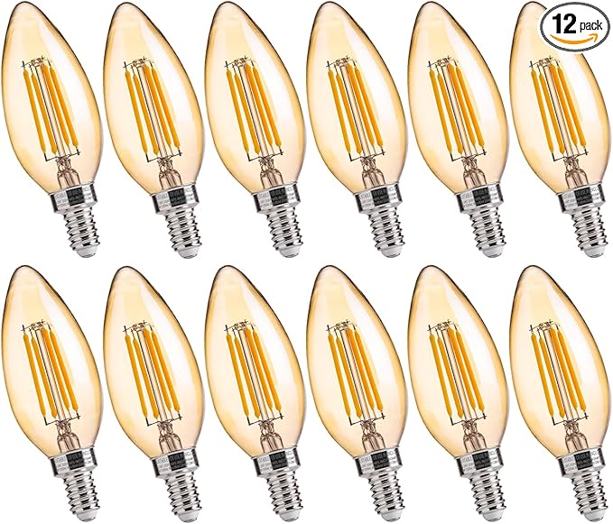 FLSNT LED Candelabra Light Bulbs 40W Equivalent, B11 E12 Small Base Chandelier Bulbs, 2200K Warm White, Dimmable, 330LM, Amber Glass Finishing, 12 Pack UL,CA65 Listed.