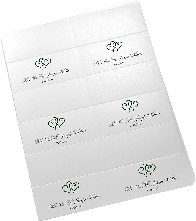 Linked Hearts Printable Place Cards, Hunter Green (Choose Color), Set of 60 (10 Sheets), Laser & Inkjet Printers - Wedding, Party, Dinner, and Special Events - Made in the USA