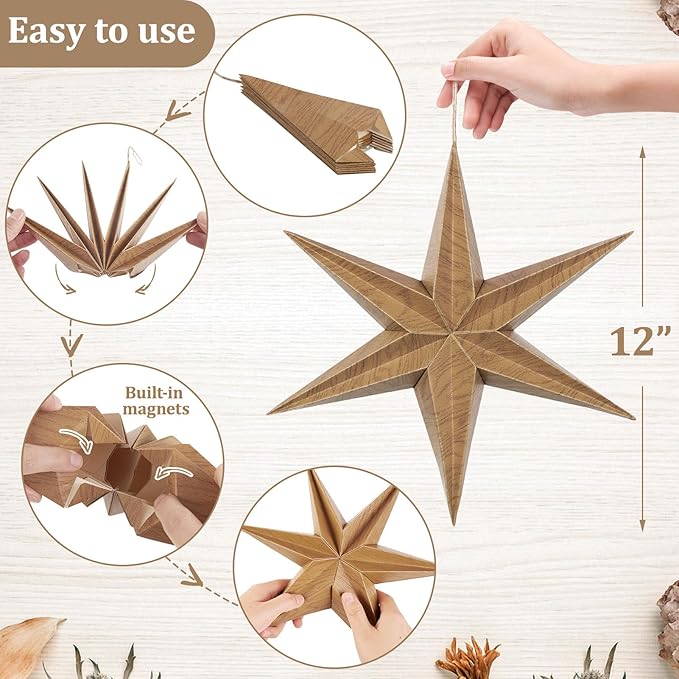 EASY JOY 5 Pcs Wood Grain Paper Star Lanterns 6-Pointed 12 Inch Christmas Hanging Lamp Rustic Paper Decorations Vintage Christmas Home Hanging Decoration for Xmas Tree Wedding Birthday Party Decor