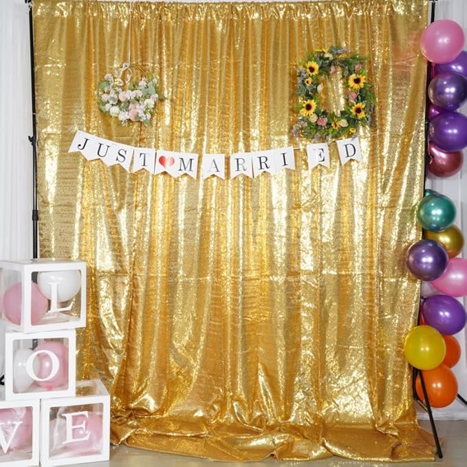 Poise3EHome 6Ft x 8Ft Gold Sequin Backdrop, Glitter Thick Satin Background Drapes, Sparkly Opaque Photography Curtain, Sequence Xmas Thanksgiving Backdrop for Wedding Party Holiday Festival Decor