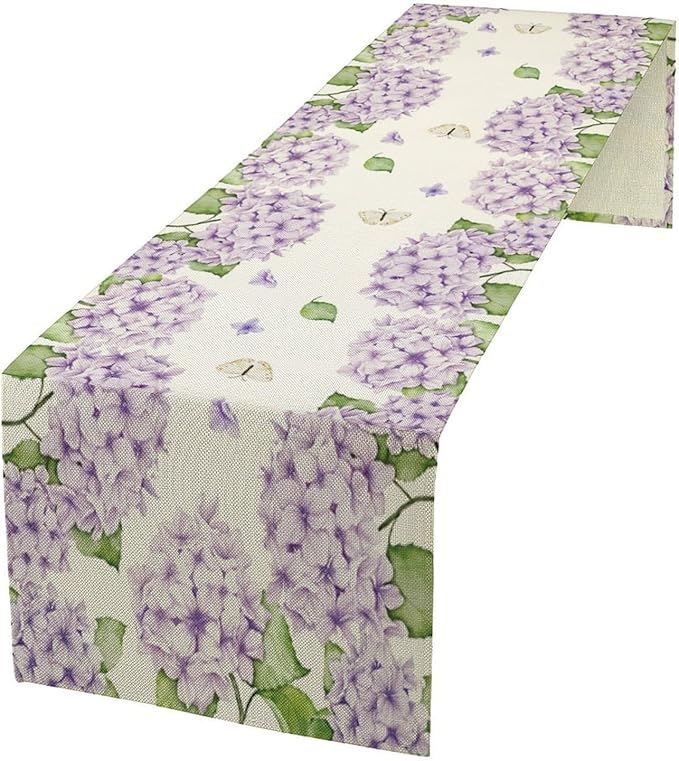 Watercolor Hydrangea Flower Table Runner, Spring Summer Seasonal Plants Butterfly Pink Lavender Dinner Runner for Home Kitchen Dining Table Party Holiday Decoration 13"x36"