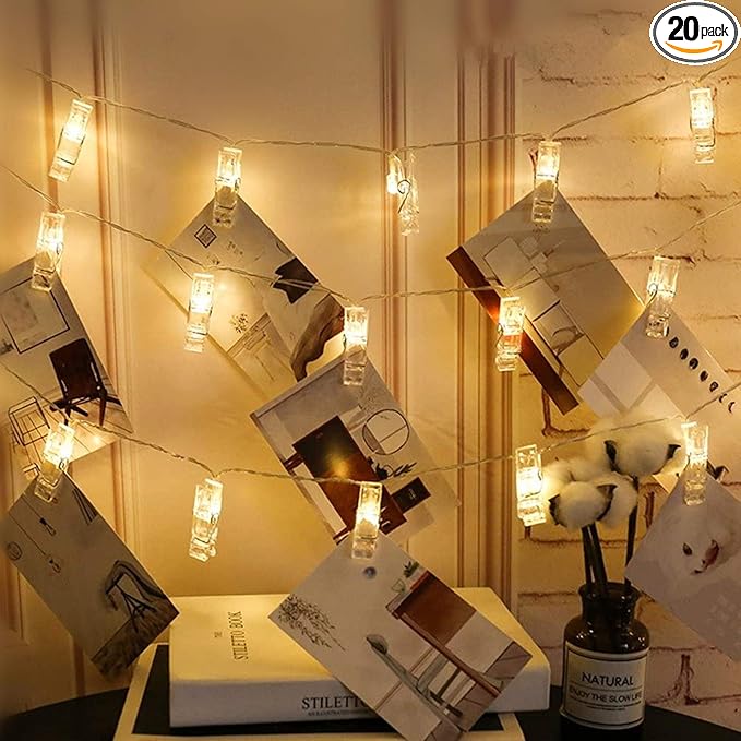 Twinkle Star 10ft 20 Photo Clip String Lights, Fairy Lights Battery Operated with Clips for Hanging Pictures Cards, Bedroom Wall Decor Party Wedding Home Halloween Christmas Decorations, Warm White