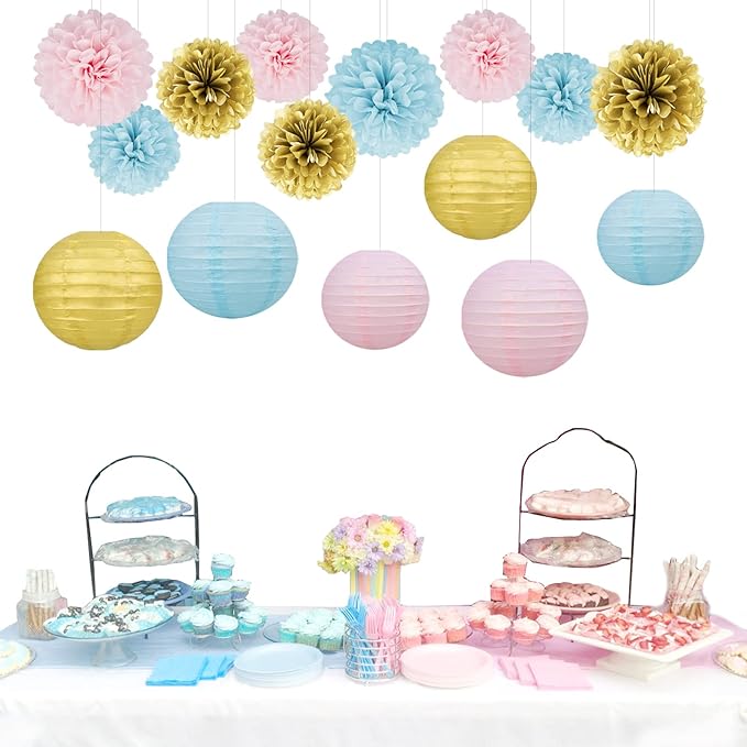 Gender Reveal Decorations Blue Pink - 15pcs Tissue Paper Flowers Pom Poms Lanterns Baby Gender Reveal Party Supplies Gender Reveal Theme Decor Gold Birthday Hanging Decor Ideas