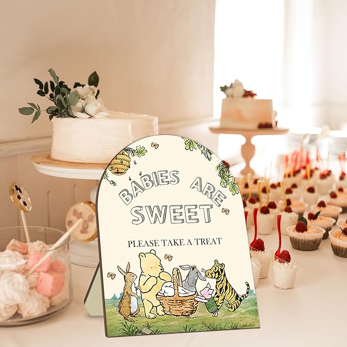 Classic Winnie Baby Shower Welcome Sign, Classic Pooh Babies are Sweet Please Take A Treat Sign, Cute Animals Decor Welcome Sign, Birthday Party Decor Supplies 9 * 11IN