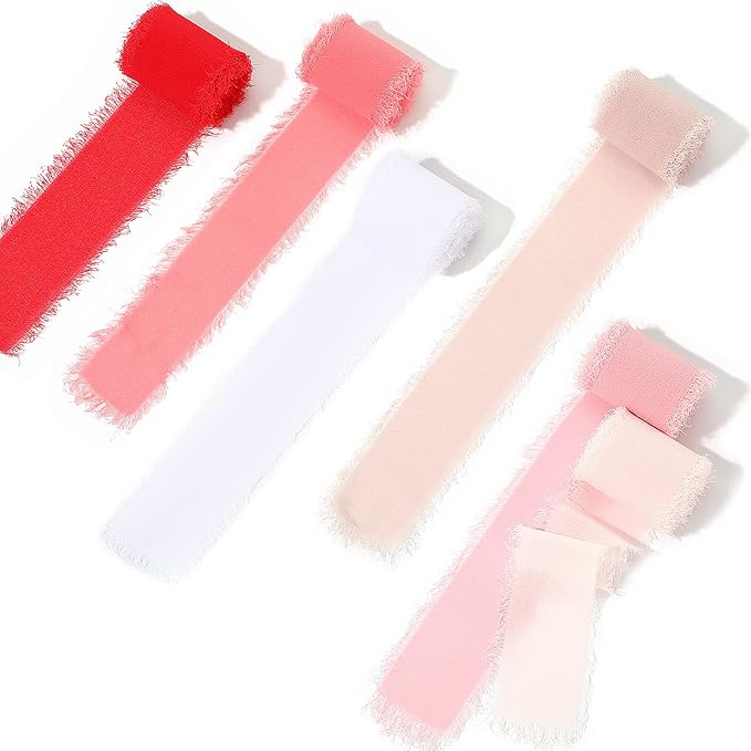 6 Rolls Handmade Fringe Chiffon Silk Ribbon 1.5" x 3 Yd Colorful Ribbon for Wedding Invitations, Bridal Bouquets, Gifts Wrapping, DIY Crafts (Pink Red Set)