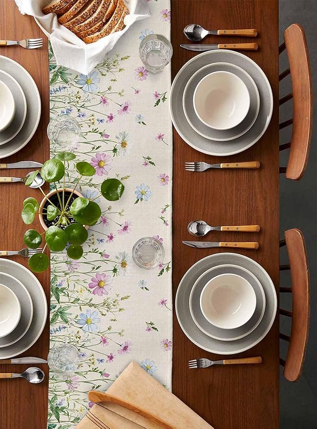 Vintage Wildflowers Cotton Linen Table Runner for Dining Kitchen, Wedding Outdoor Party Tablerunners Decoration, Farm Floral Pink Botanical Plants Dresser Scarf Coffee Tablecloth Runners 13x48 Inches