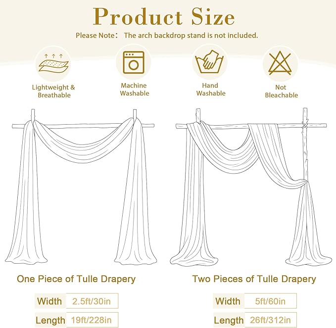 Wedding Arch Draping Fabric Backdrop 1 Panel 60" x 26Ft Ivory Drapes Curtains for Wedding Reception Sheer Tulle Backdrop Curtain for Ceremony Birthday Party Baby Shower Arbor Ceiling Decorations