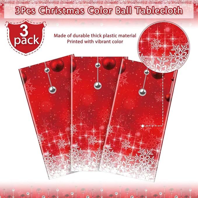 3Pieces Merry Christmas Tablecloth Plastic Christmas Tree Ball Table Cover Rectangle Winter Snowflake Tablecloth for Merry Christmas Holiday New Year Eve Party Decorations Supplies,54x108inch