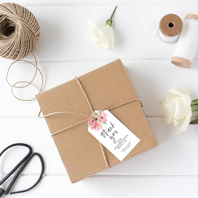 Andaz Press 100-Pack Personalized Thank You for Celebrating with Us Wedding Favor Tags with Bakers Twine Coral Watercolor Florals Custom Cardstock Wedding Gift Tags for Party Favors 2 x 3.75-Inches